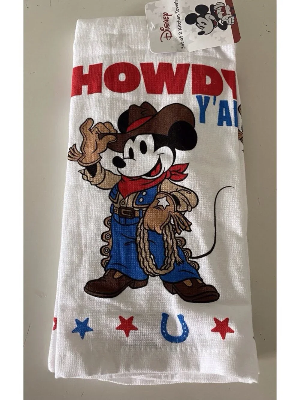 Set Of 2 Disney Mickey‎ Mouse Kitchen Towels Howdy Y'All Patriotic Cowboy NEW
